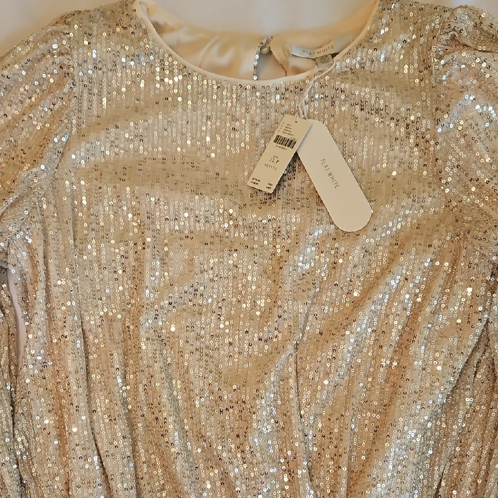 Anthropologie Flat White Long Sleeve Sequin Top Cream Off White XLP - Picture 5 of 7